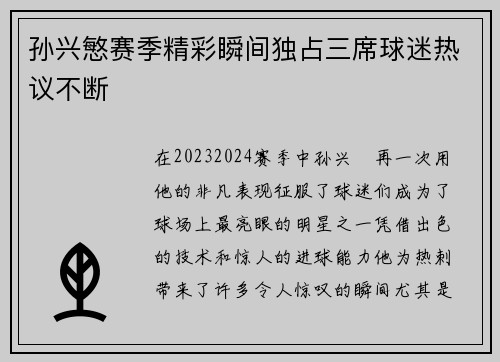 孙兴慜赛季精彩瞬间独占三席球迷热议不断