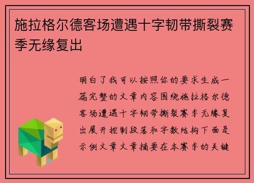 施拉格尔德客场遭遇十字韧带撕裂赛季无缘复出 施拉格尔德客场遭遇十字韧带撕裂赛季无缘复出